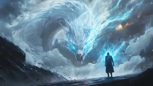 Storm dragon made of lightning confronts lone figure.