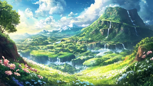 Lush valley landscape with tiered waterfalls and distant peaks.