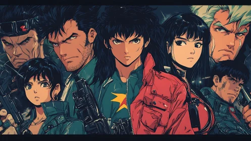 Retro anime task force stands united in moody neon night.