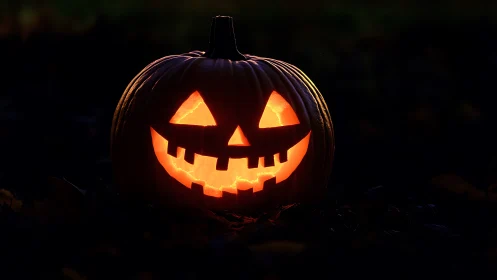 Glowing carved jack o lantern illuminates dark autumn night
