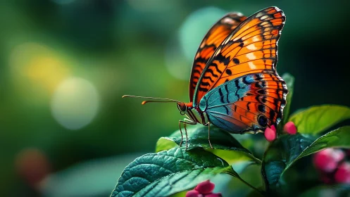 Brilliant orange butterfly rests softly on lush green leaves
