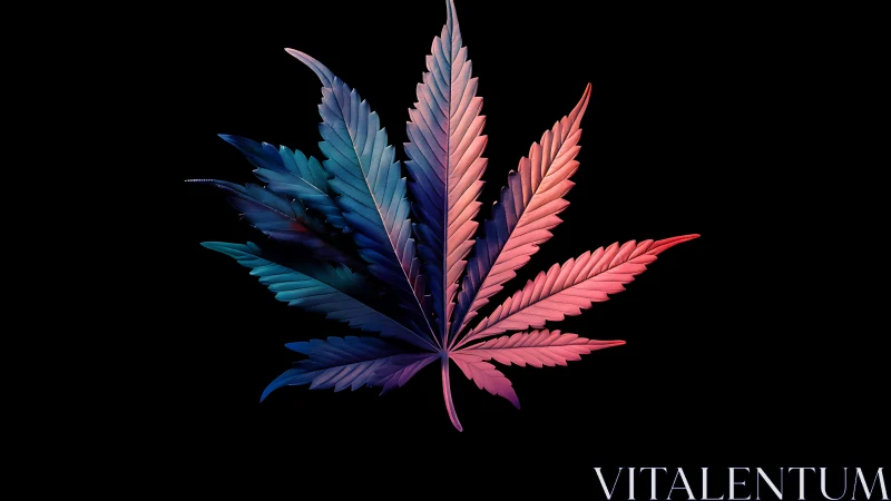 Bicolor cannabis leaf glows against deep black void.