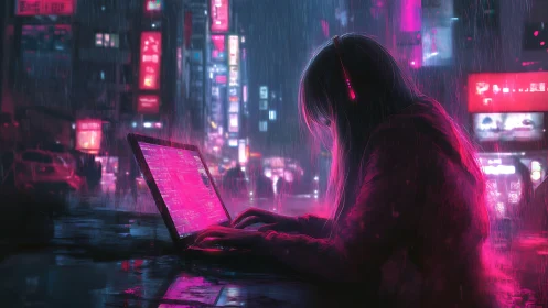 Neon-drenched cyberpunk coder in rainy urban interface haze.