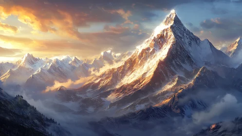 Sunlit alpine peak with snow ridges under dramatic sky