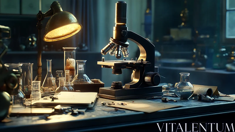 Midnight microscope dreaming under pools of amber laboratory light.