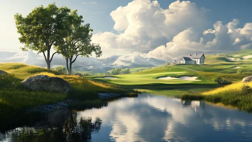 Sunlit fairway retreat beside a quiet reflective stream.