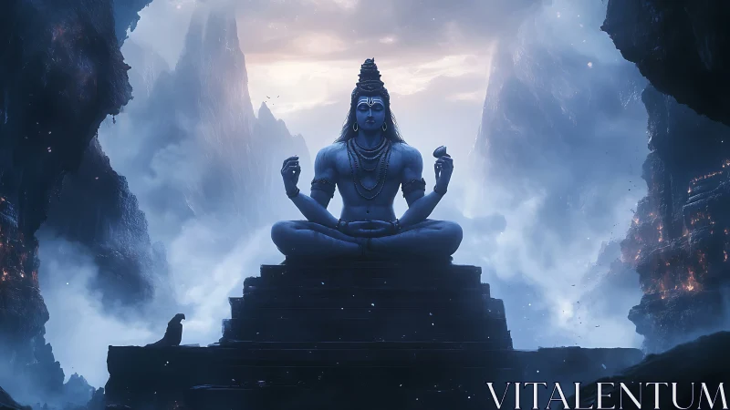 Serene mountain deity in luminous twilight meditation.