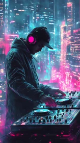 DJ mixes electronic tracks in neon cityscape at night