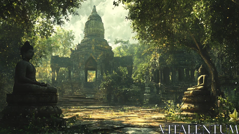 Ancient jungle temple and serene Buddha statues at dawn.