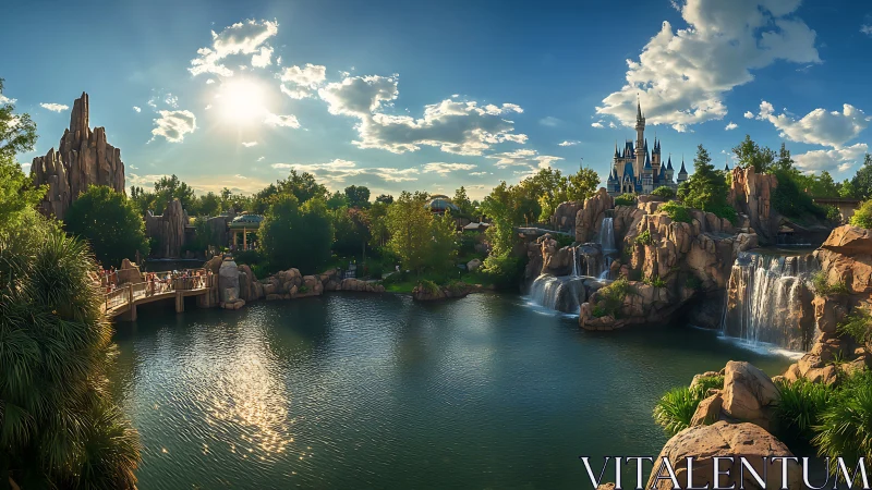 Photorealistic fantasy castle landscape with waterfalls and lake.