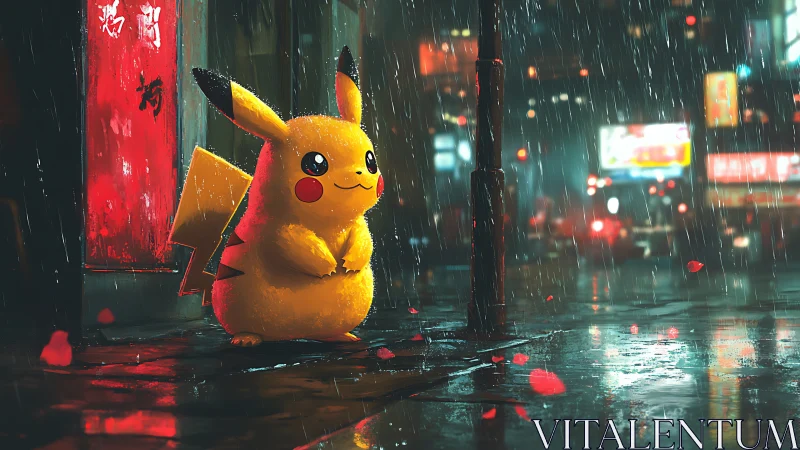 Neon-lit yellow creature in cinematic rainy city street scene.
