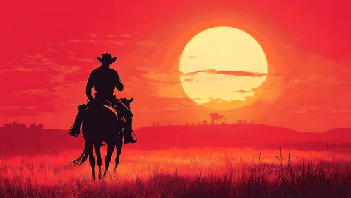 Silhouetted cowboy on horseback against red sunset landscape.