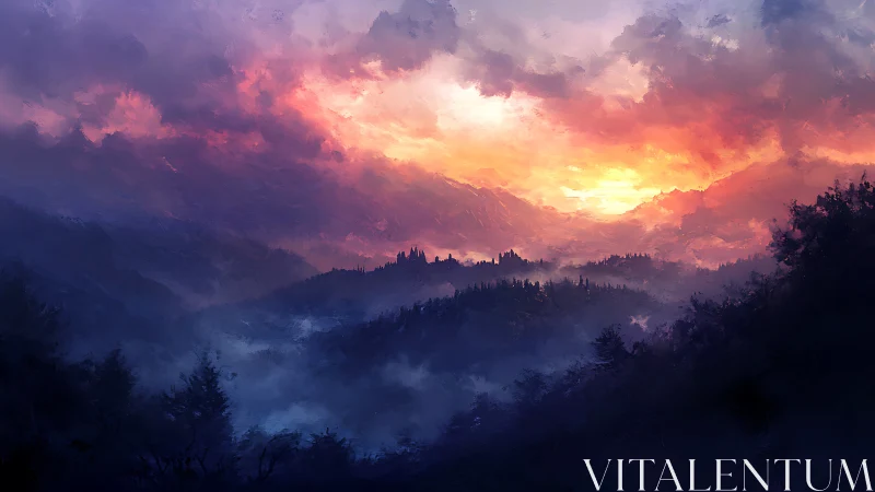 Digital painting landscape with misty valleys and burning sky.