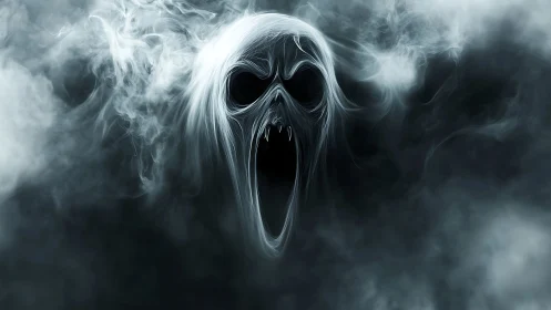 Spectral skull apparition emerges from swirling monochrome fog