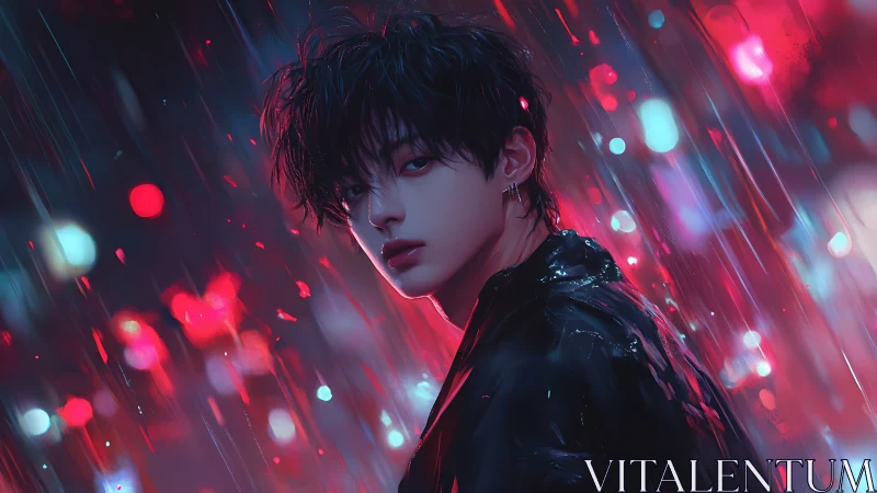 Moody young man in neon rain soaked city street scene.