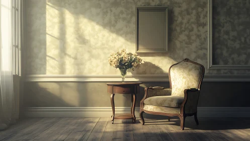 Sunlit vintage armchair in serene classical parlor interior.