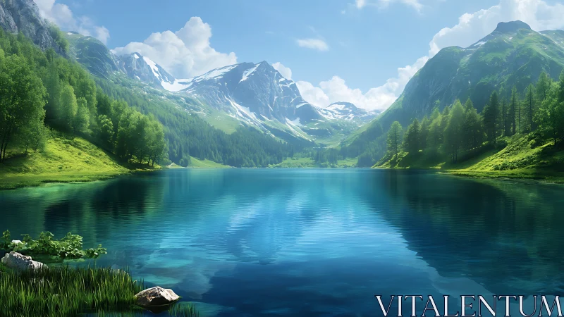 Crystal alpine lake mirrors snowcapped peaks and forests.