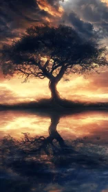 Golden sunset tree glows gently above its mirrored reflection