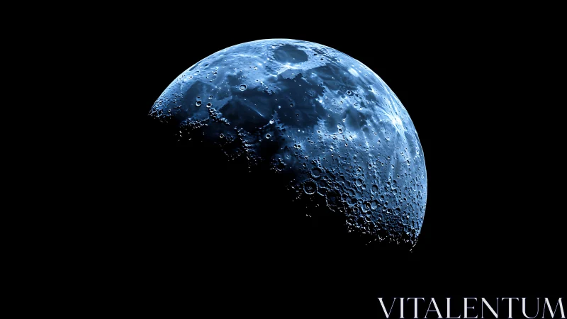 Lunar crescent in cool monochrome with detailed crater relief.