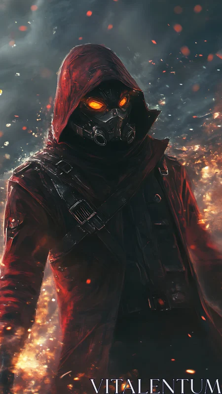 Hooded masked figure in red coat amid rising embers and smoke.