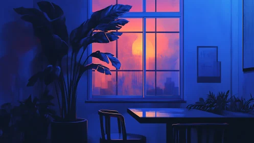 Neon dusk window scene with silhouetted indoor plants