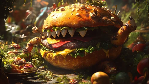 Carnivorous burger titan smiles hungrily in a glowing feast