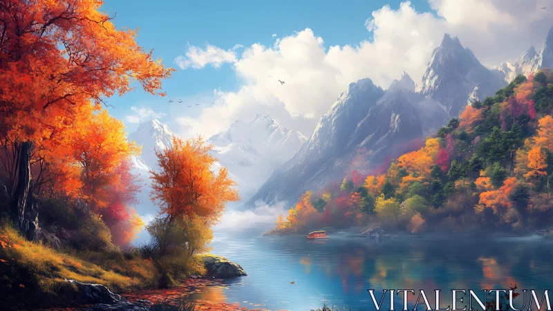 Autumn mountain lake with misty peaks and vivid foliage.
