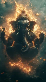 Flaming Ganesh statue levitates in atmospheric volumetric lighting