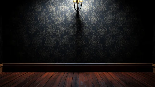 Wall sconce illuminates patterned dark wall and wood floor