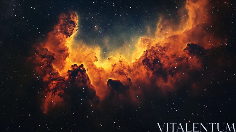 Fiery cosmic nebula glows against a deep star-filled void.