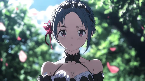 Anime girl in lace dress under dappled forest sunlight