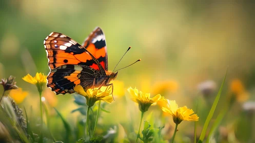 Vibrant butterfly poised on sunlit yellow meadow blooms.