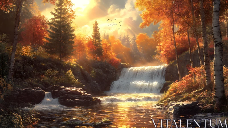 Autumn forest waterfall under low sun with reflective stream.