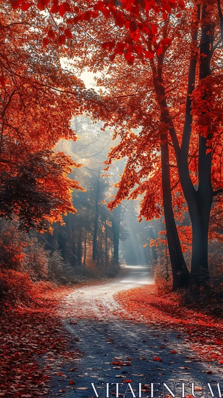 Crimson Autumn Pathway Through Red Woodland Forest