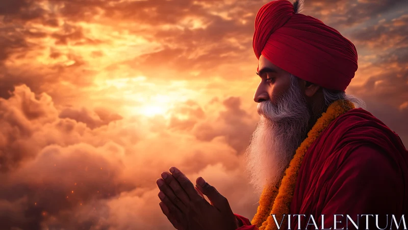 Mystic elder in red robes praying above glowing clouds.