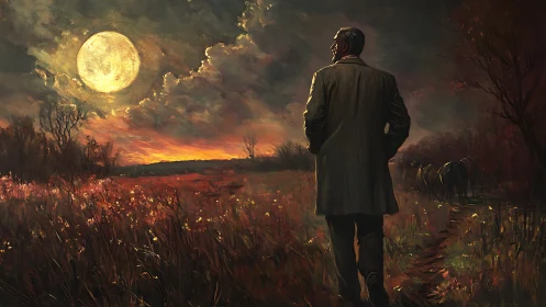 Solitary man walking under a full moon across a twilight field