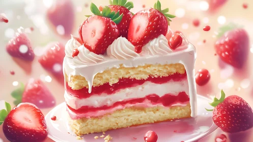 Layered strawberry cake slice with whipped cream frosting and fresh berries