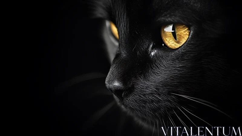 Black cat face with golden eyes against dark background.