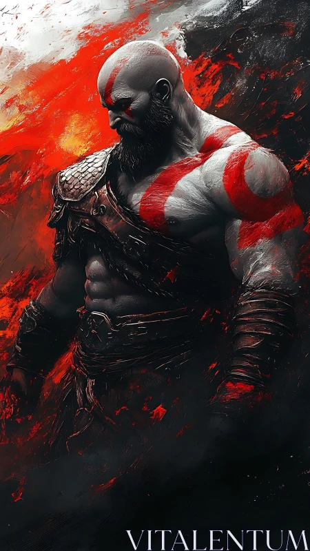 Brooding warrior wrapped in fire and ash poised between wars.