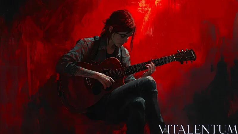 Solitary red haired guitarist in chiaroscuro digital study