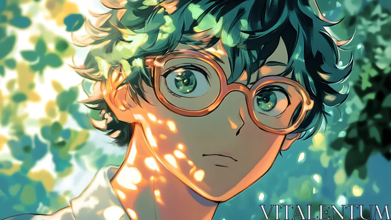 Anime portrait in dappled forest light with soft bokeh composition.