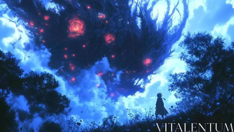 Lone warrior confronts colossal void beast in storm sky.