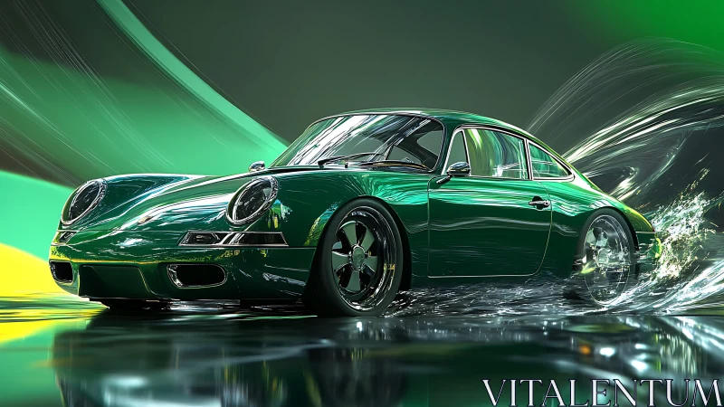 Emerald sports coupe slices through liquid chrome streaks