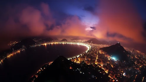 Glowing coastal city curls gently beneath a dreamy dusk sky