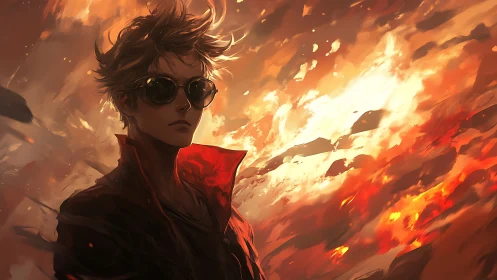 Figure in sunglasses before dynamic fiery abstract sky.