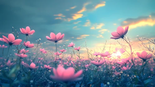 Pink cosmos flowers with rendering in tonal gradient against illuminated sky