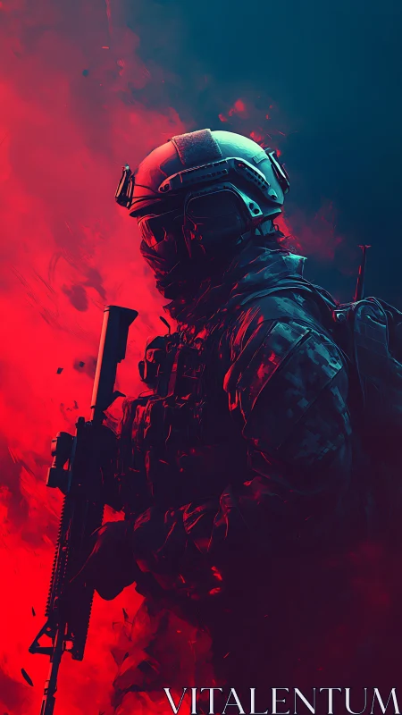 Tactical soldier silhouette in neon red and teal contrast.