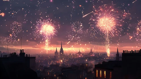 Fireworks bloom like electric flowers above the dusky city