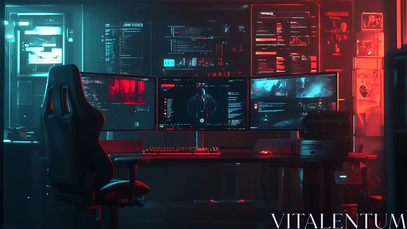 Cyber gaming command station glows in neon red and blue light.