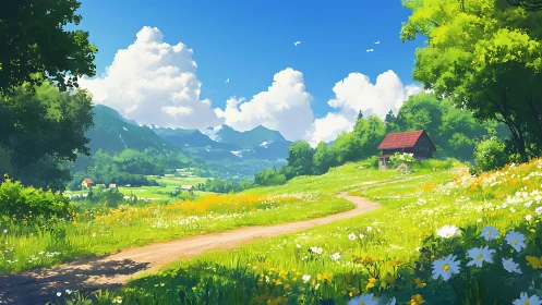 Sunlit alpine meadow path with distant mountains and cottage